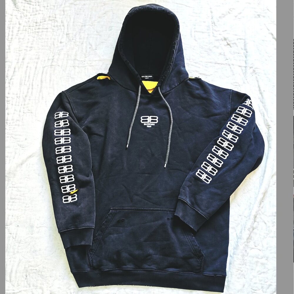 RARE Balenciaga Unifit BB Icon Embroidered Logo Black Hoodie Distressed Size L